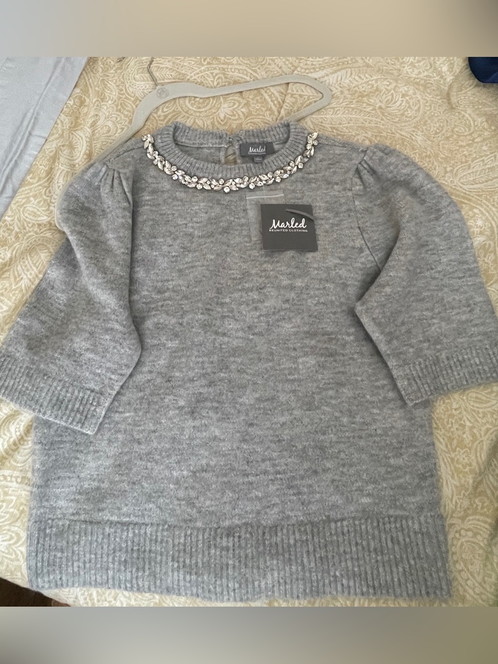 Marled Reunited Clothing Jewel Embellished Short Sleeve Gray Sweater- Size L